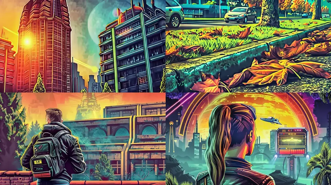 Vibrant and Futuristic Urban Landscapes with Nostalgic Undertones - Midjourney sref style