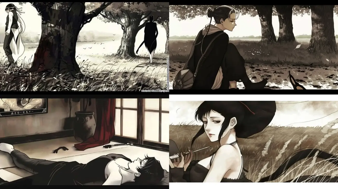 Monochrome Elegance with a Touch of Sepia: A Cinematic Anime Noir Fusion - Midjourney sref style