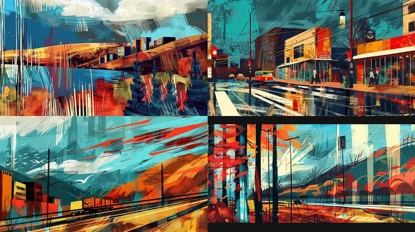 Vivid urban landscapes with expressive brushwork and dynamic composition - Midjourney sref style