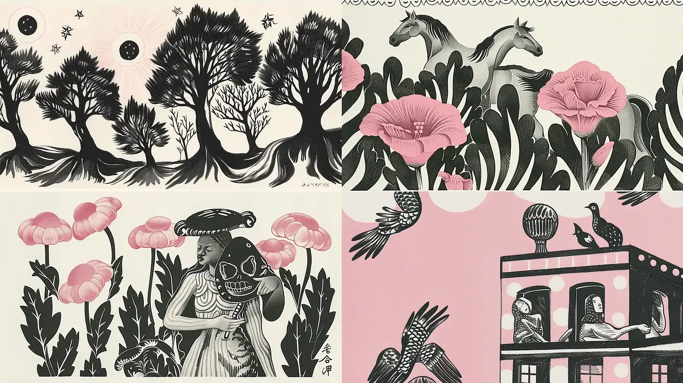 Elegant Fusion of Black and Pink in Whimsical Illustration Style - Midjourney sref style