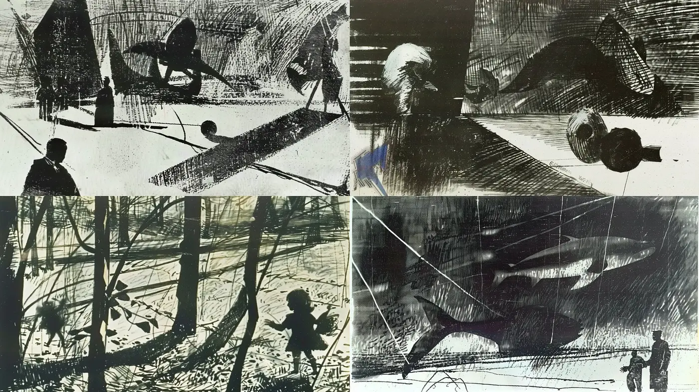 Monochromatic Dynamic Sketches with Expressive Line Work - Midjourney sref style