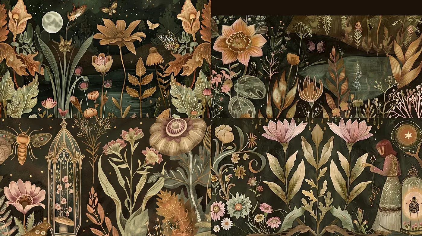 Enigmatic Botanicals in Moonlit Hues: A Dreamy Tapestry of Flora and Fauna - Midjourney sref style