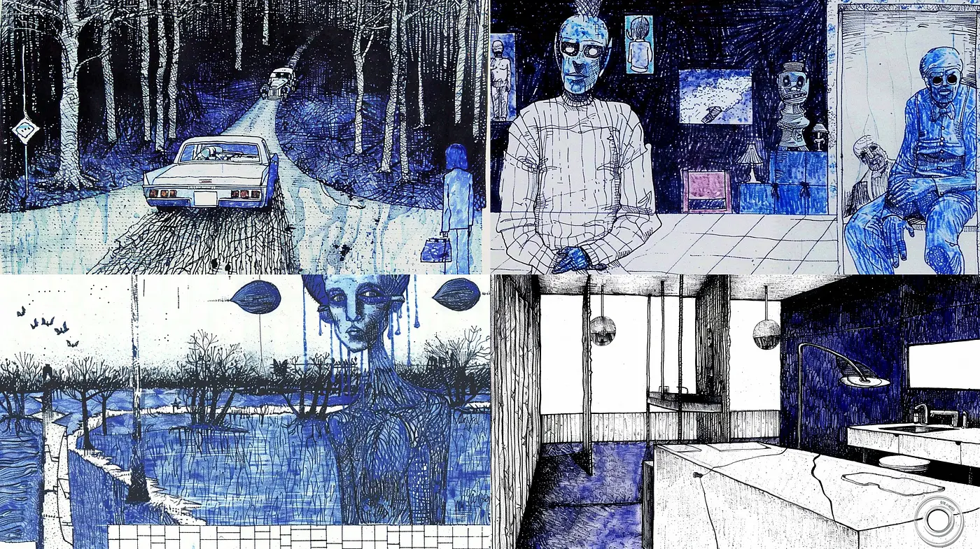 Monochromatic Midnight Blue Dreamscape: A Study in Consistent Inky Hues and Surreal Atmospheres - Midjourney sref style