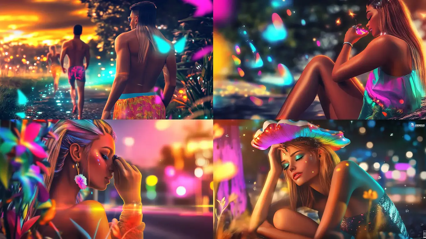 Luminous Dreamscape: A Vivid Tableau of Neon Nightlife in Digital Brushstrokes - Midjourney sref style