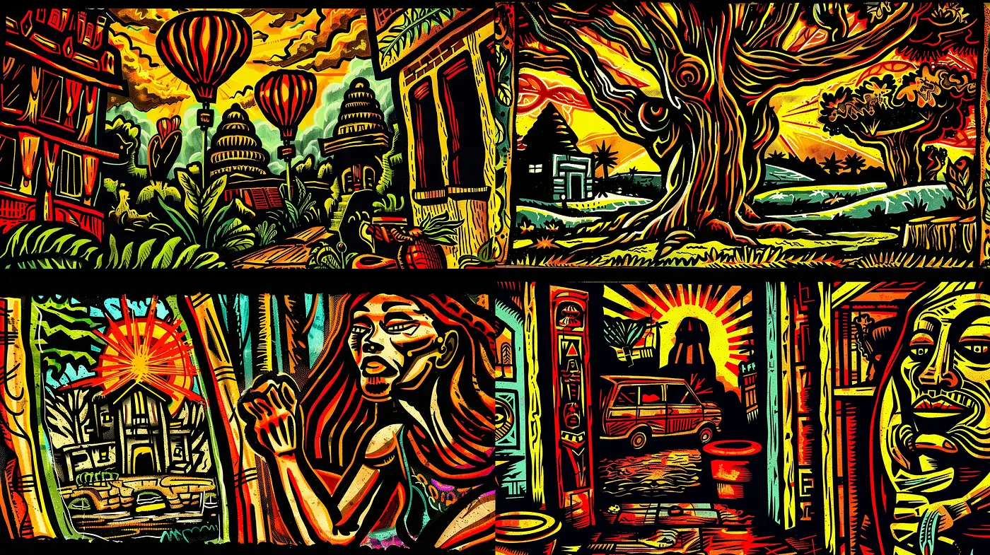 Eclectic Fusion of Exuberant Woodcut Aesthetics and Psychedelic Art - Midjourney sref style