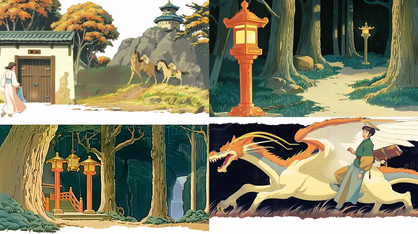 Consistent Elements in Stylized Nature Scenes with Mythical Themes - Midjourney sref style
