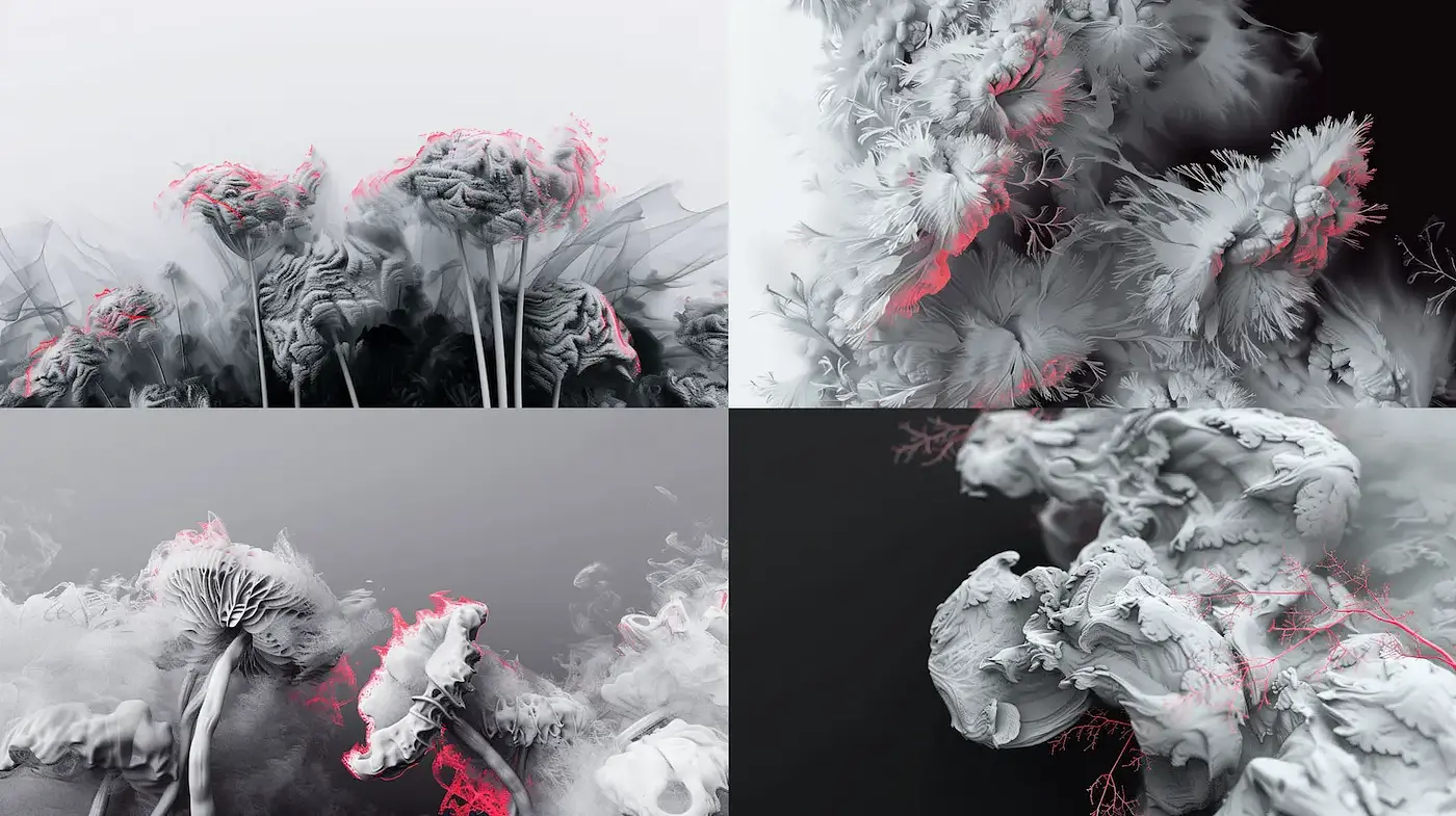 Ethereal organic forms with a surrealistic touch in monochromatic styles - Midjourney sref style
