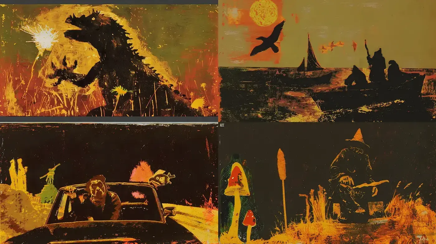 Dramatic and Textured Retro Surrealism with Nature Elements - Midjourney sref style