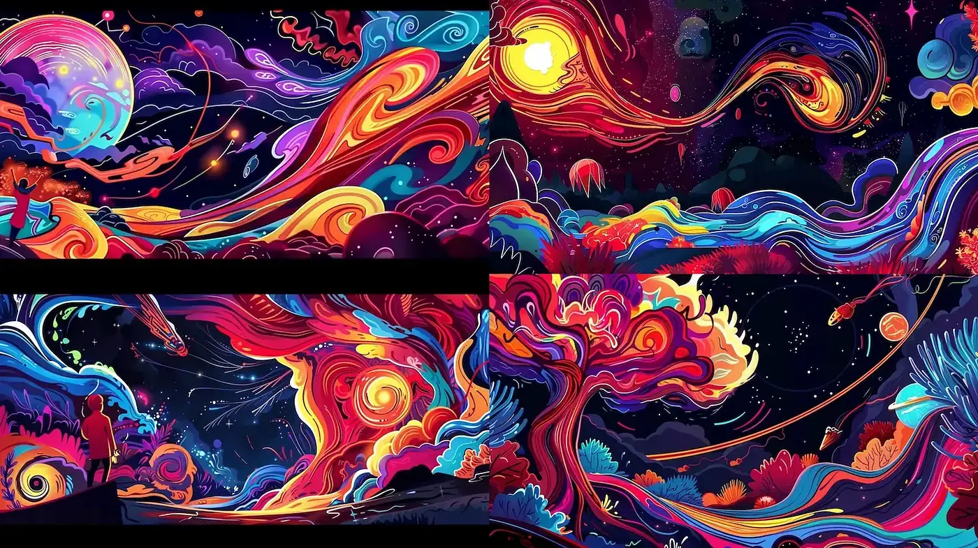 Vibrant Cosmic Dreamscapes with Swirling Elements - Midjourney sref style