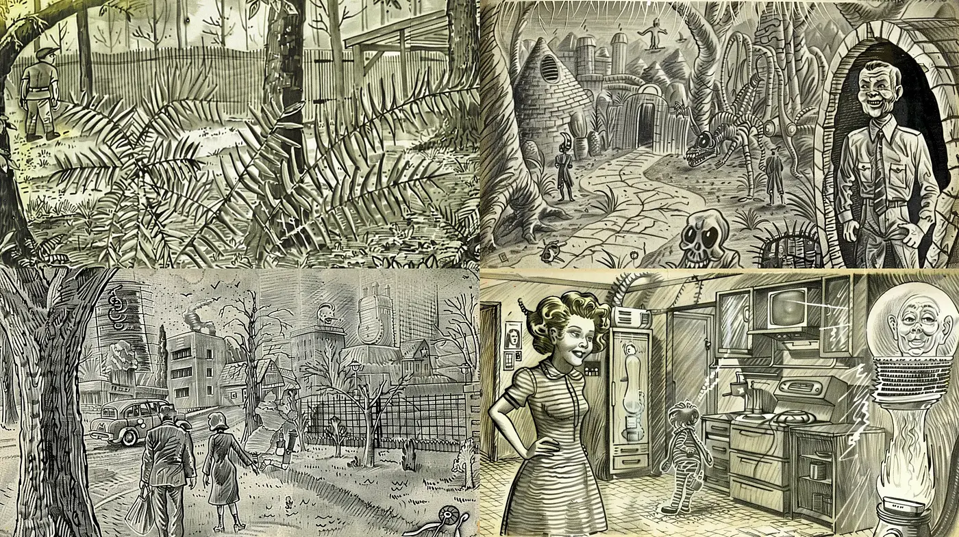 Evocative Monochromatic Crosshatched Narratives - Midjourney sref style