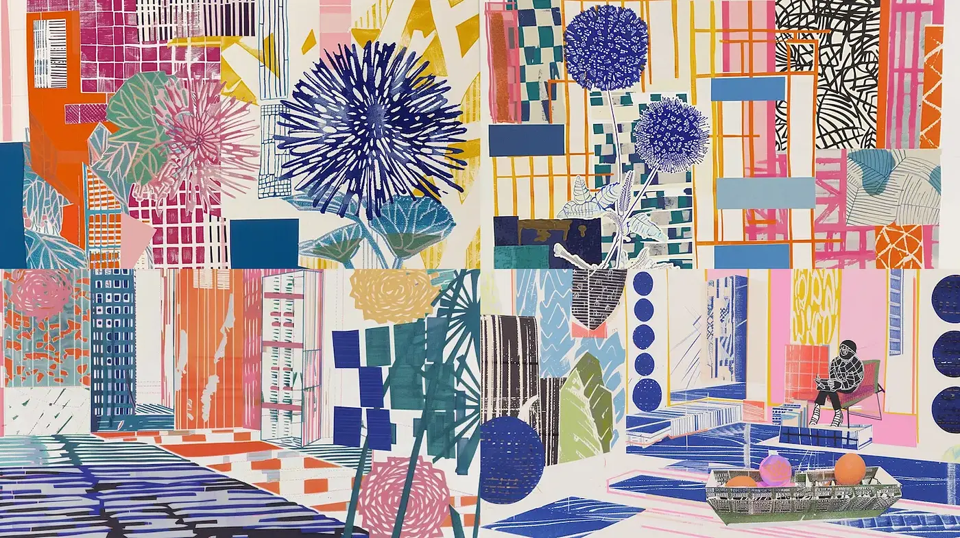 Vibrant and Geometric Modern Collage with Botanical Elements - Midjourney sref style