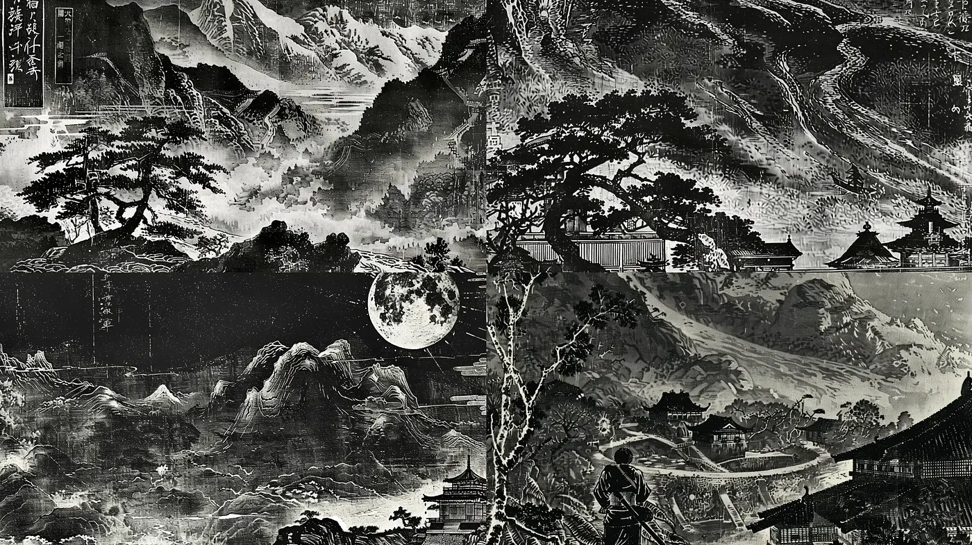 Monochromatic Panoramic Landscapes with a Traditional East Asian Artistic Influence - Midjourney sref style