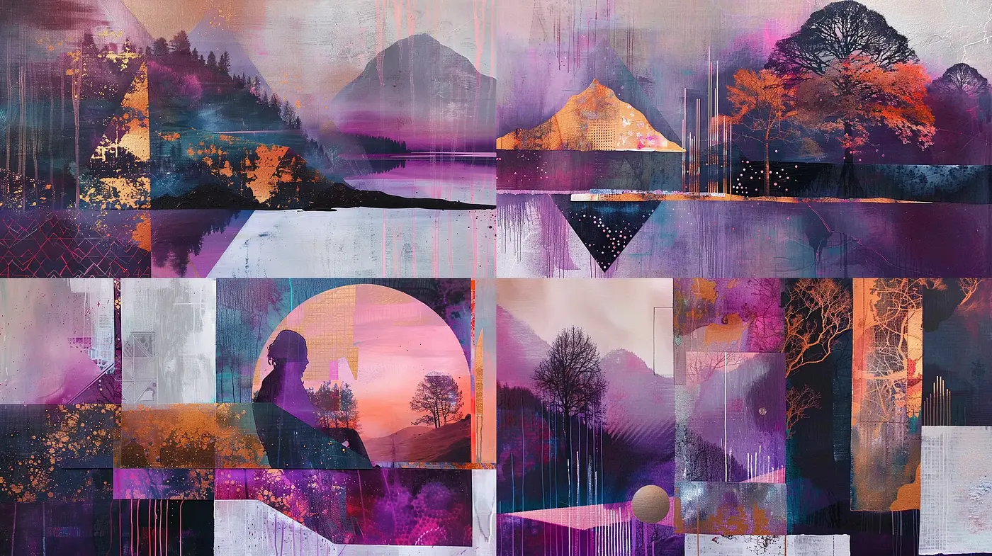 Synthetic Fusion Landscape: Textured Elegy in Magenta and Indigo - Midjourney sref style