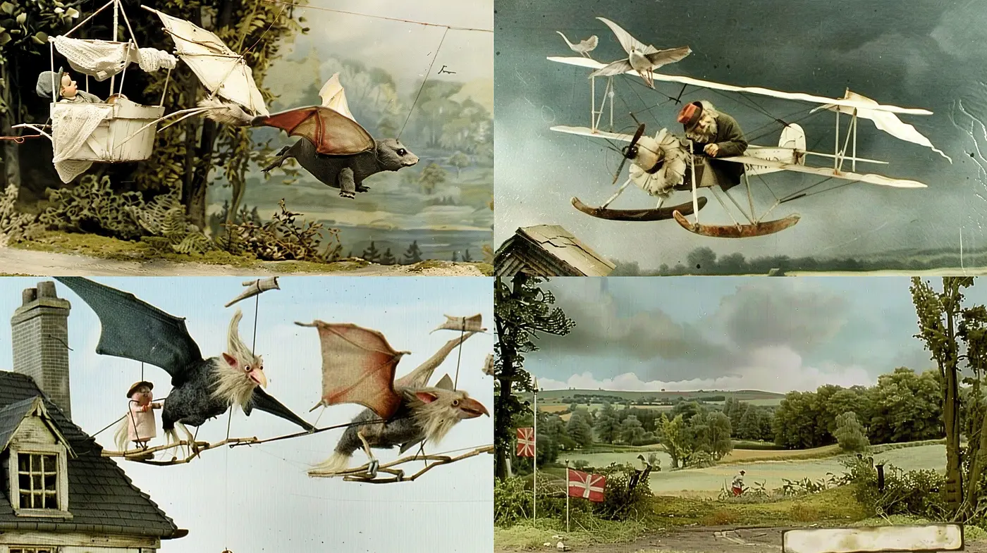 Whimsical Aviation in Pastoral Dreamscape: A Medley of Rustic Elegance and Steampunk Fantasy - Midjourney sref style