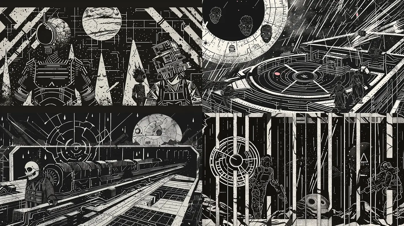 Monochromatic Futuristic Linework Vistas - Midjourney sref style