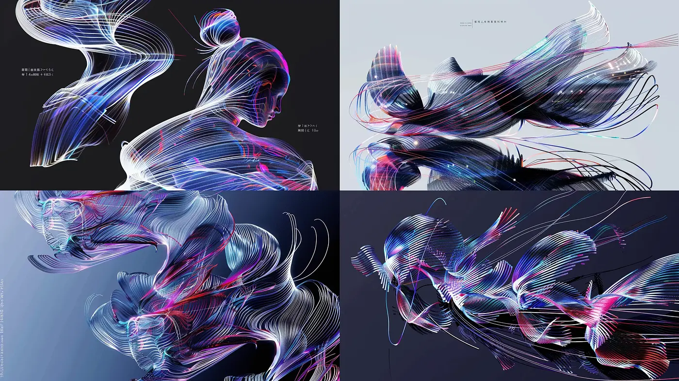 Neon Flux: A Dynamic Digital Artwork Ensemble - Midjourney sref style