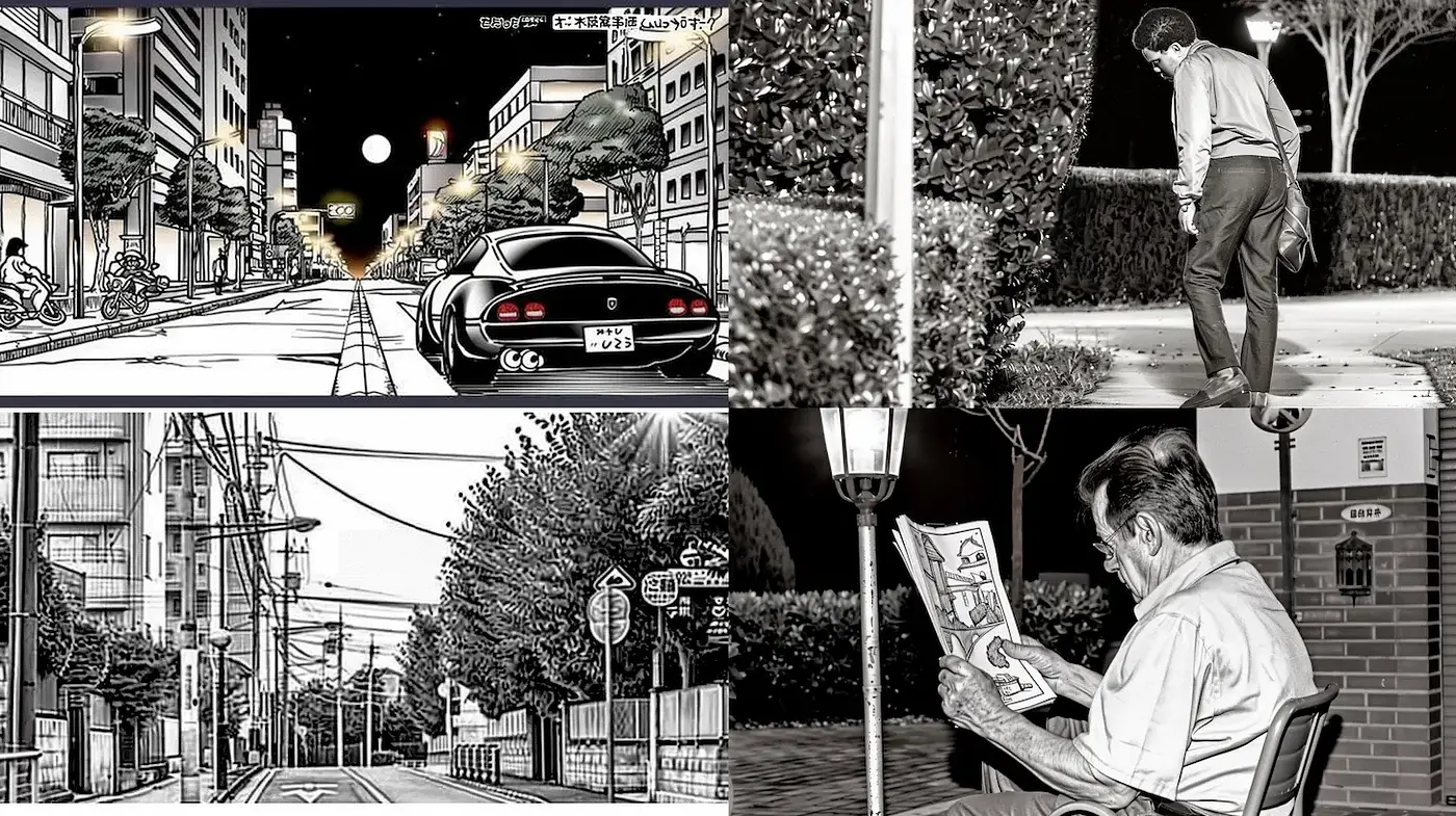 Modern black and white comic art with urban nighttime themes - Midjourney sref style