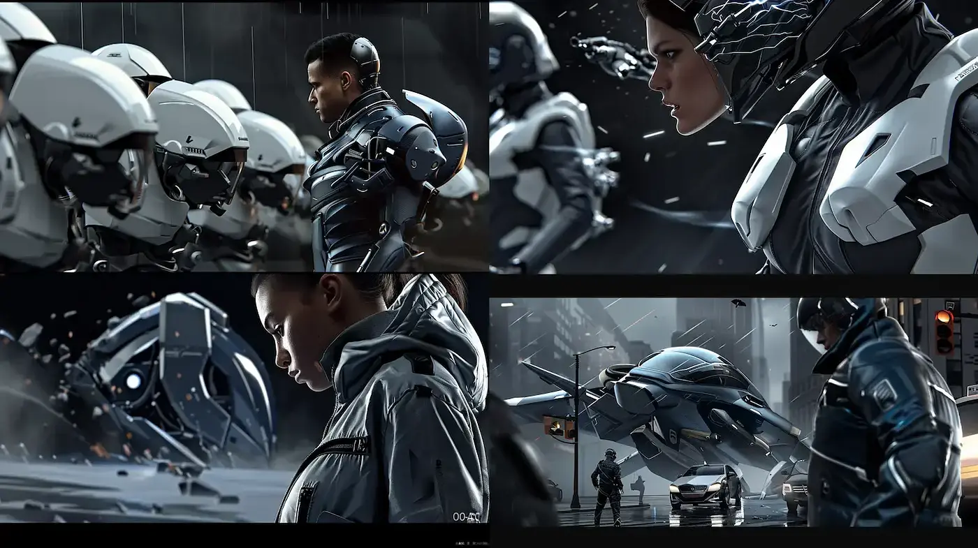 Futuristic sci-fi aesthetic with dynamic contrasts and character focus - Midjourney sref style