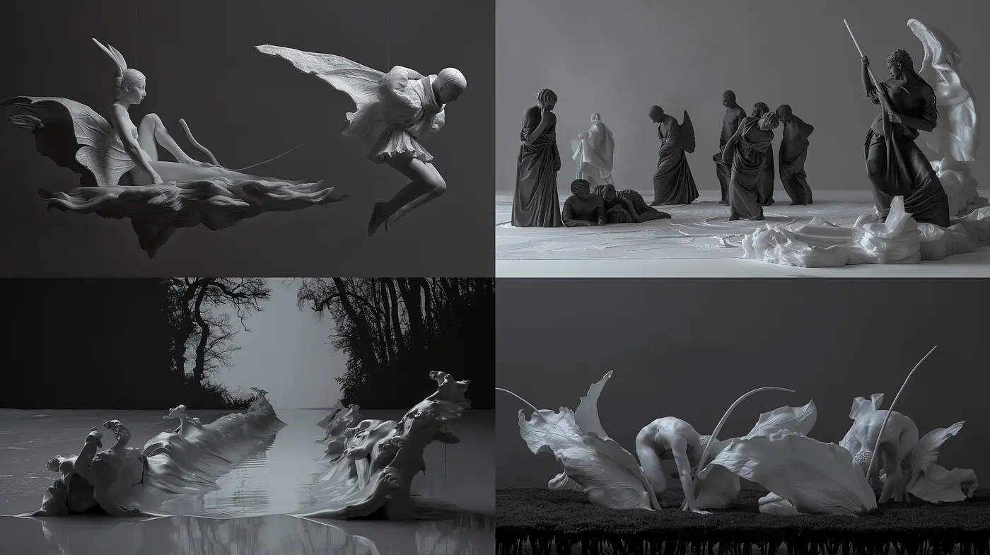 Monochromatic Ethereal Dreamscape with Sculptural Forms - Midjourney sref style