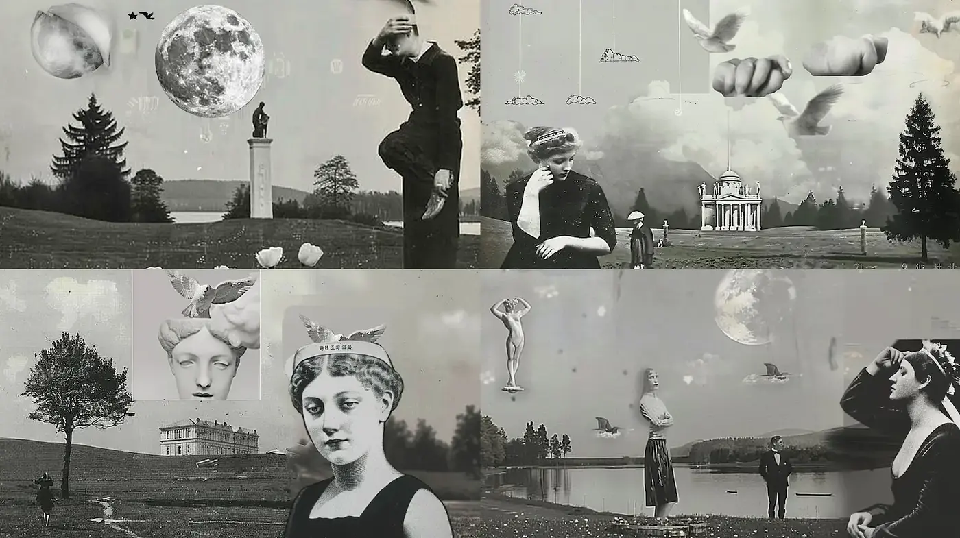 Ethereal Vintage Montage with Surreal Elements and Grayscale Textures - Midjourney sref style
