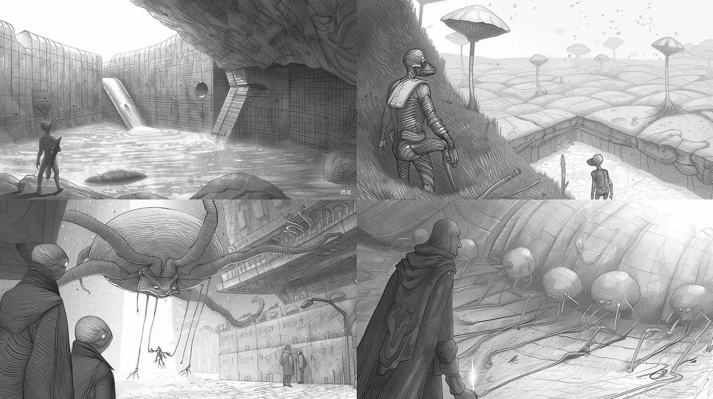 Monochromatic Sci-Fi Landscapes with Surreal Elements - Midjourney sref style