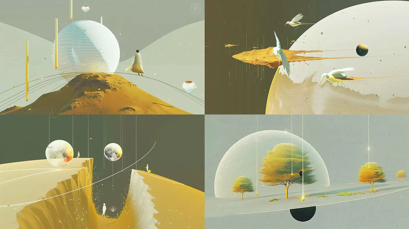 Serene Surrealism in Warm Tones with Geometric Emphasis - Midjourney sref style