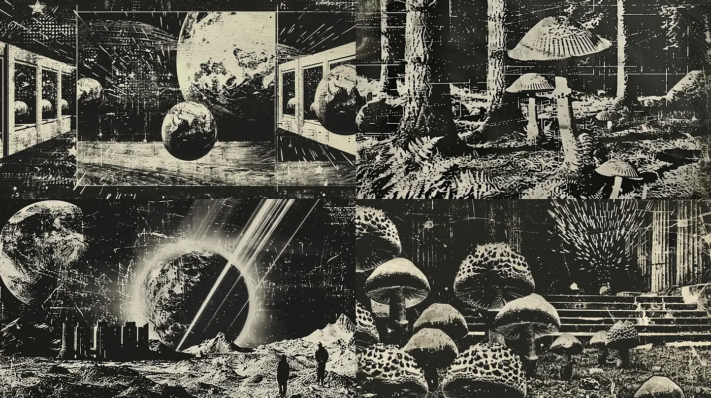 Ethereal Monochrome Dreamscapes in Surrealist Etching Style - Midjourney sref style