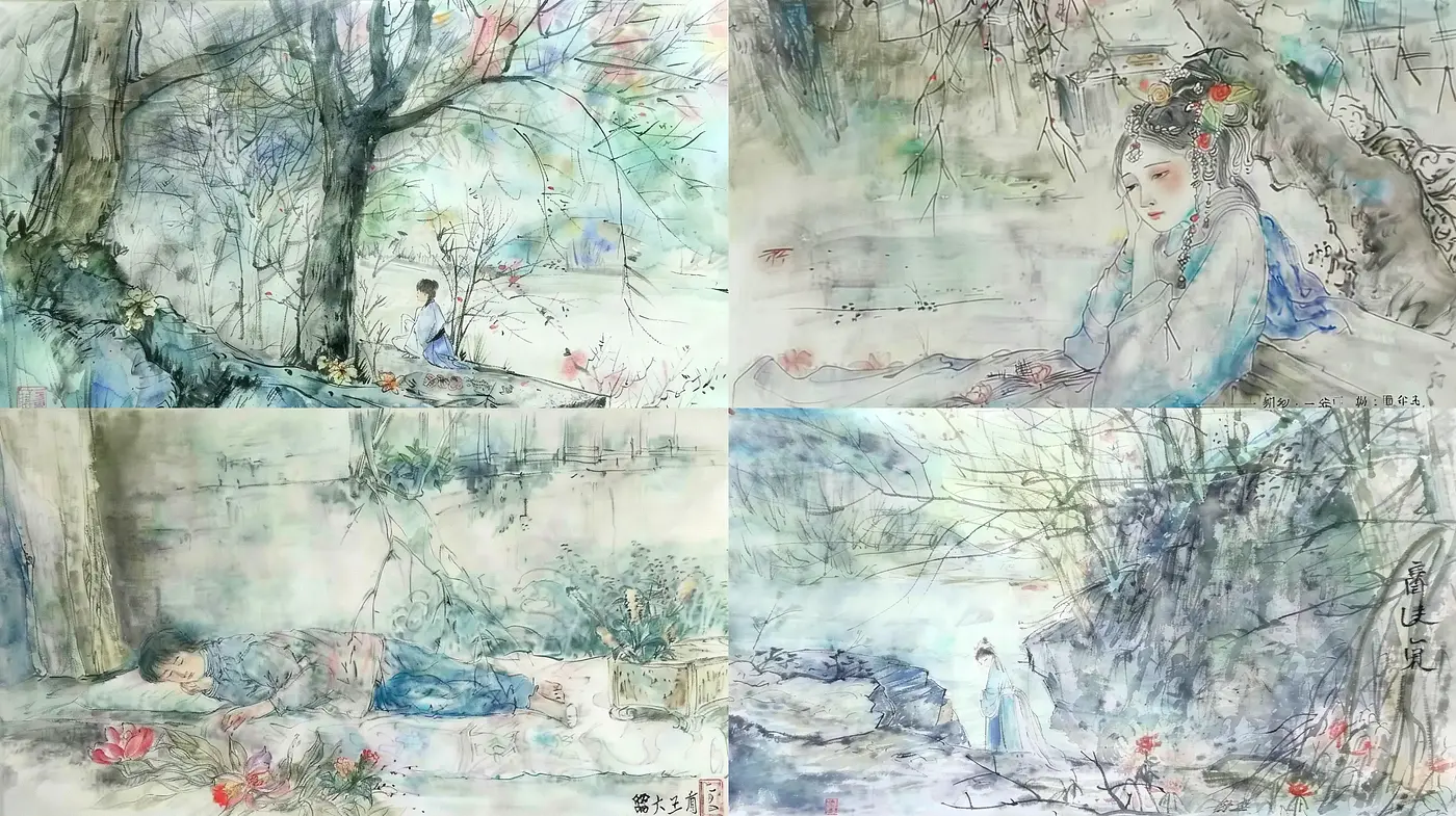Ethereal Ink Wash Dreamscapes with a Hint of Traditional East Asian Aesthetics - Midjourney sref style