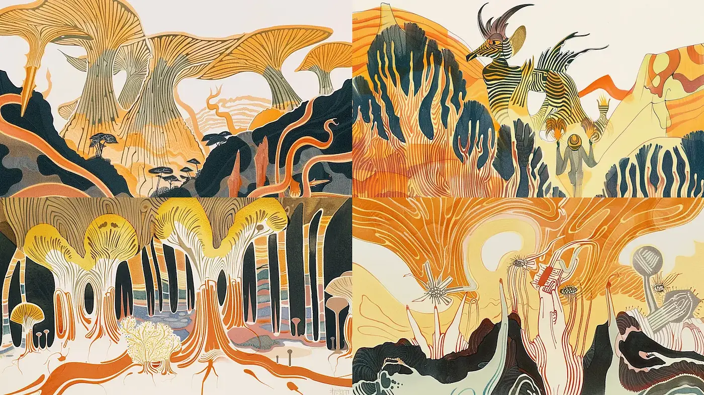 Surrealistic Wilderness with Organic Textures and Earthy Tones - Midjourney sref style