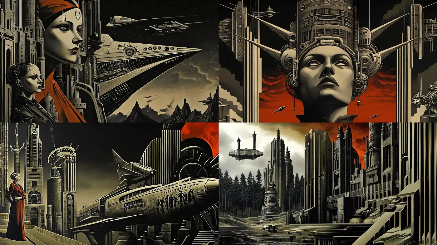 Futuristic Retro-Industrial Synchronicity in Sepia and Crimson Tones - Midjourney sref style