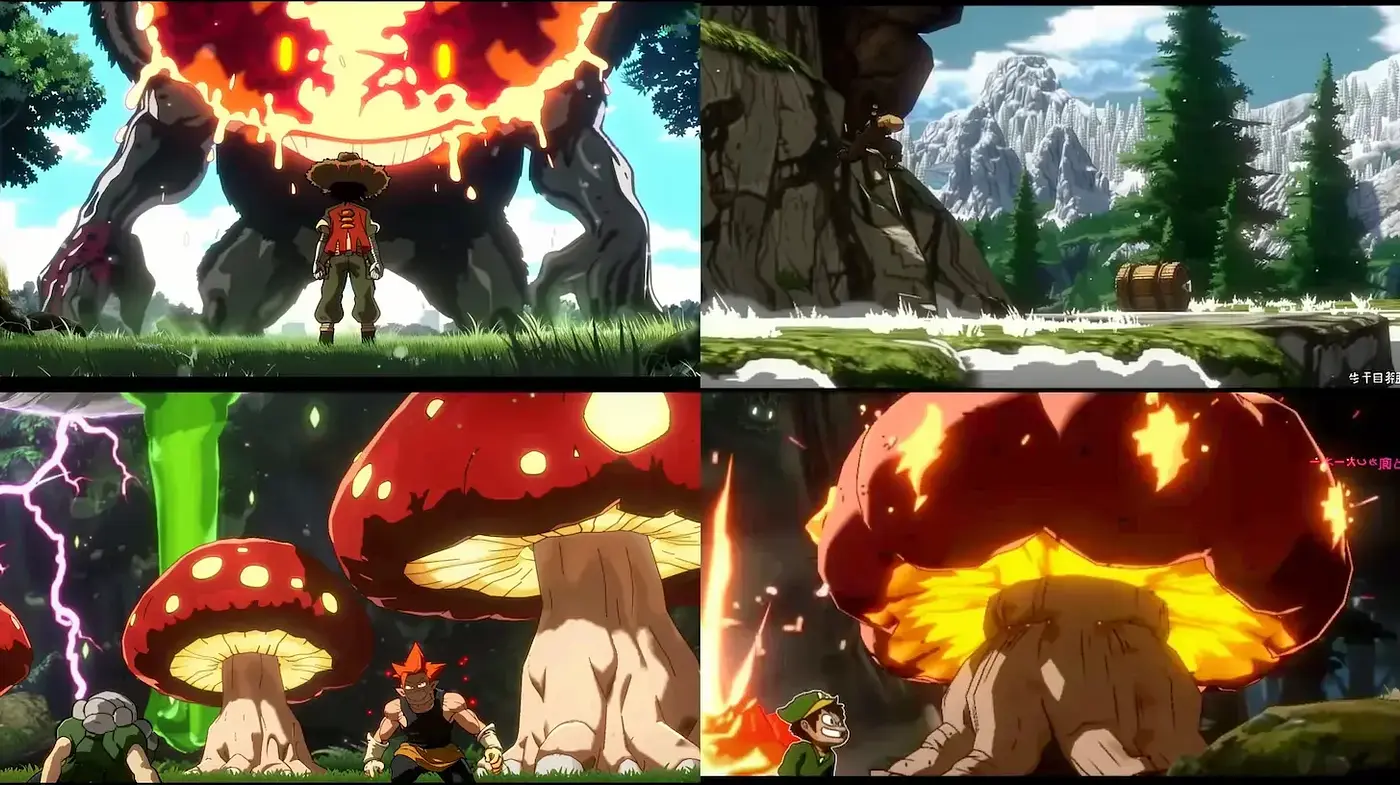 Explosive Anime Eruption: Dynamic Hues and Detailed Environments - Midjourney sref style