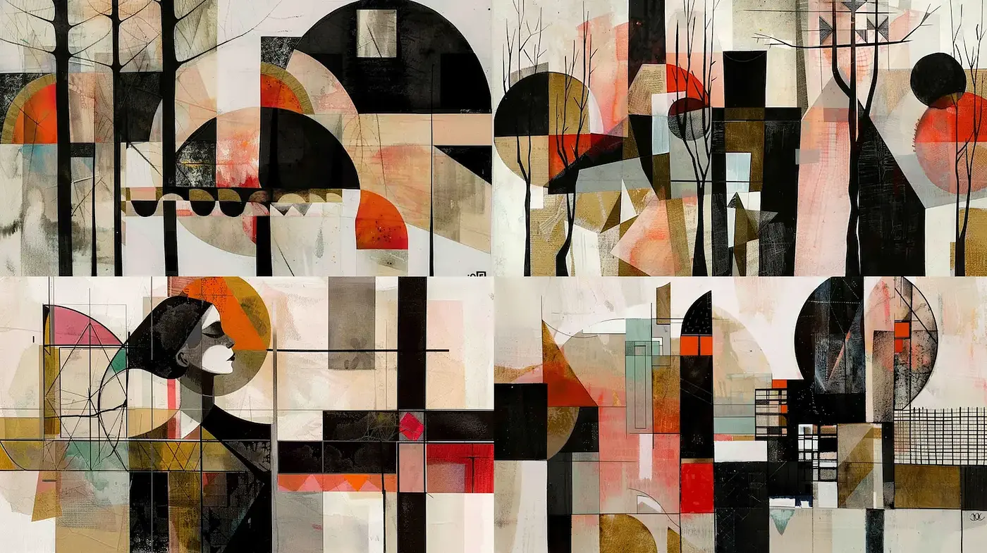 Abstract Composition with Geometric Shapes and Organic Forms - Midjourney sref style