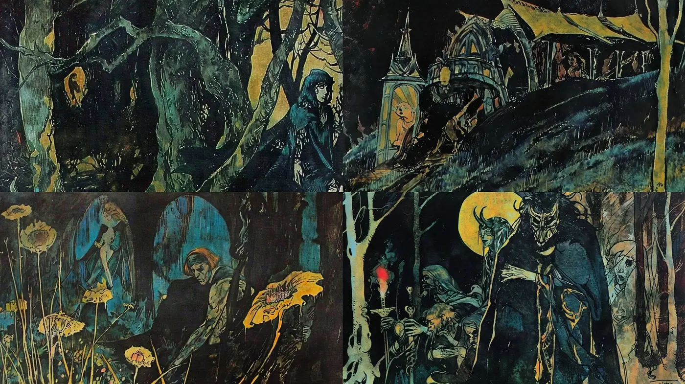 Ethereal Nightscape: A Fusion of Gothic and Expressionist Imaginings - Midjourney sref style