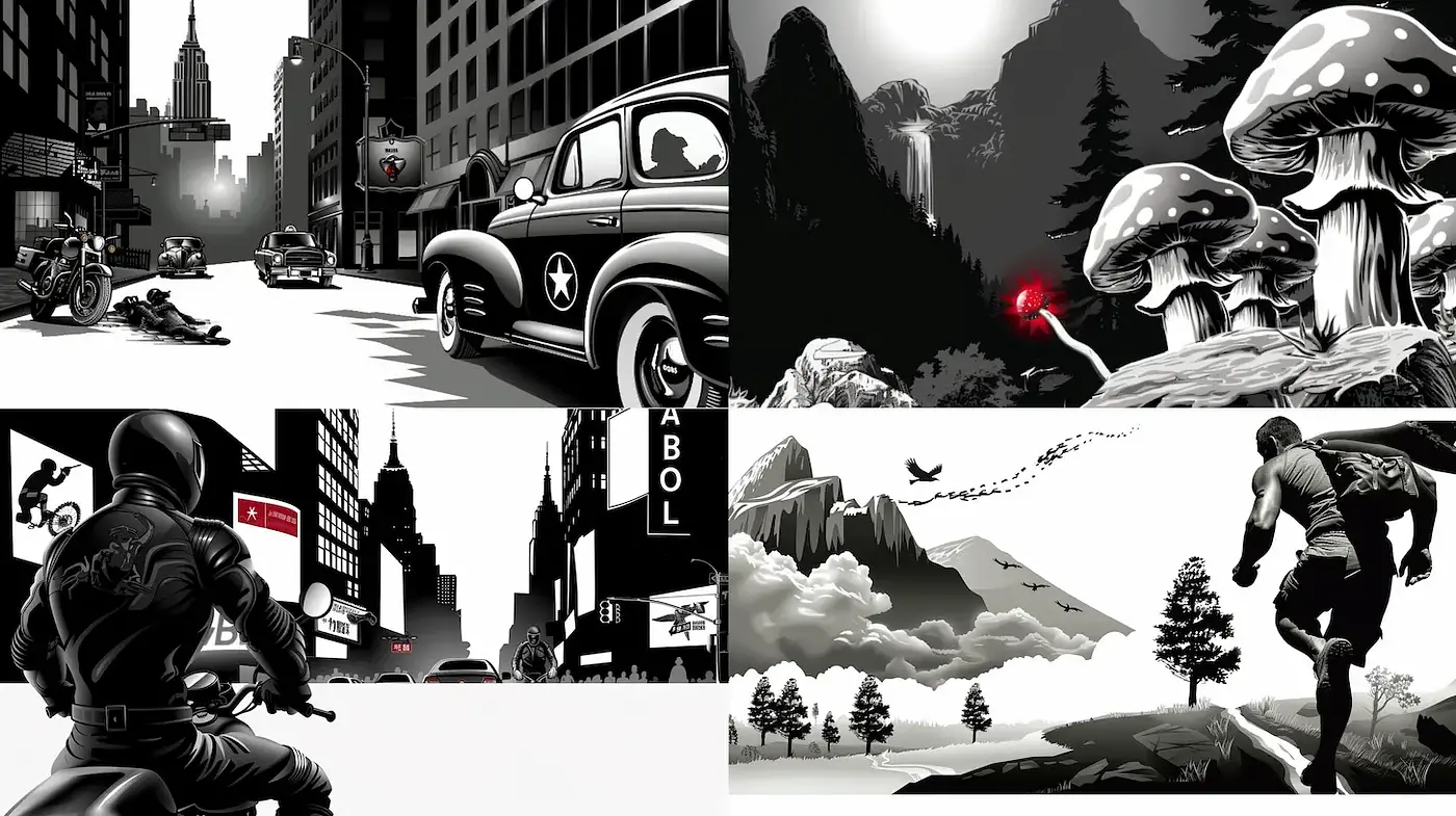 Dramatic monochrome illustrations with a blend of urban and natural elements - Midjourney sref style