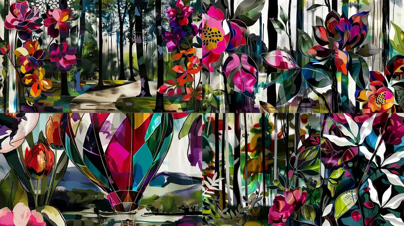 Vibrant Floral Landscape with Geometric Elements - Midjourney sref style
