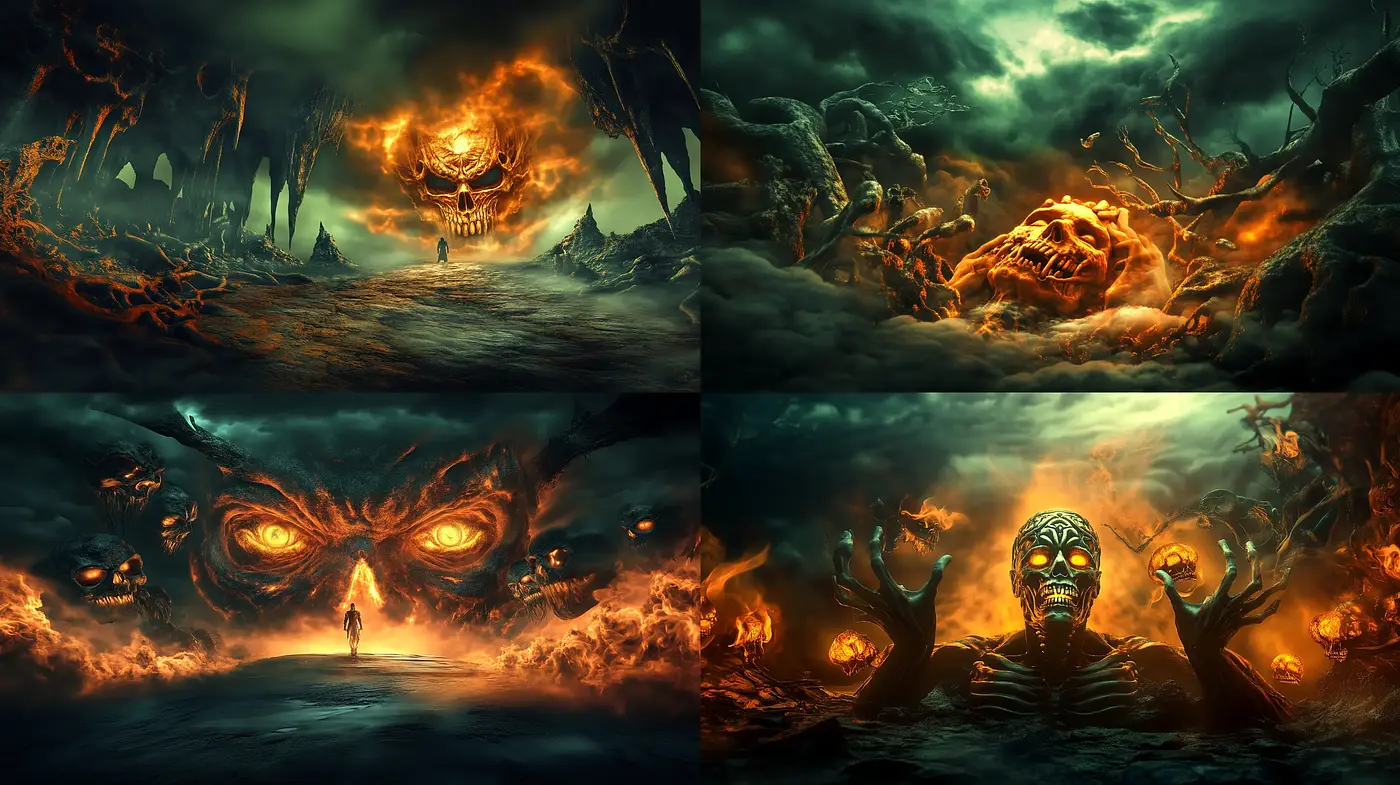 Surreal Infernal Dreamscape: A Fusion of Fiery Hues and Dark Fantasies - Midjourney sref style
