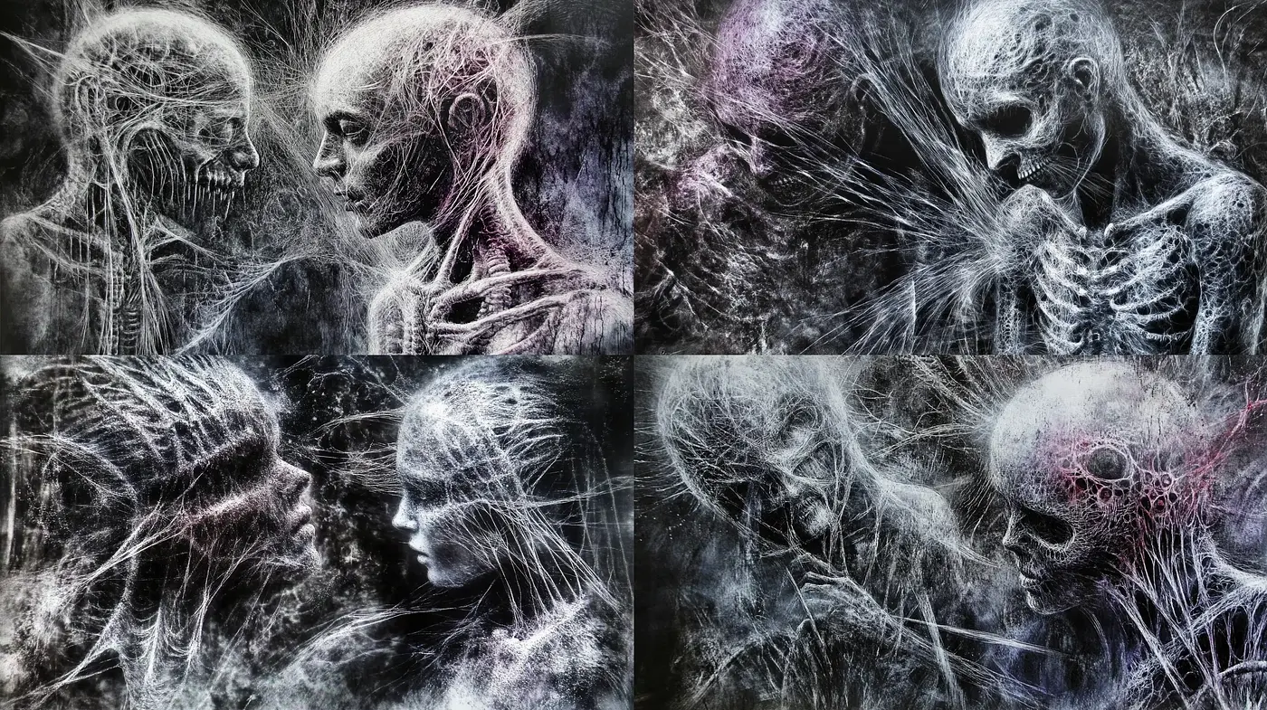 Ethereal Phantasmagoria: A Chiaroscuro Fantasia of Spectral Forms - Midjourney sref style