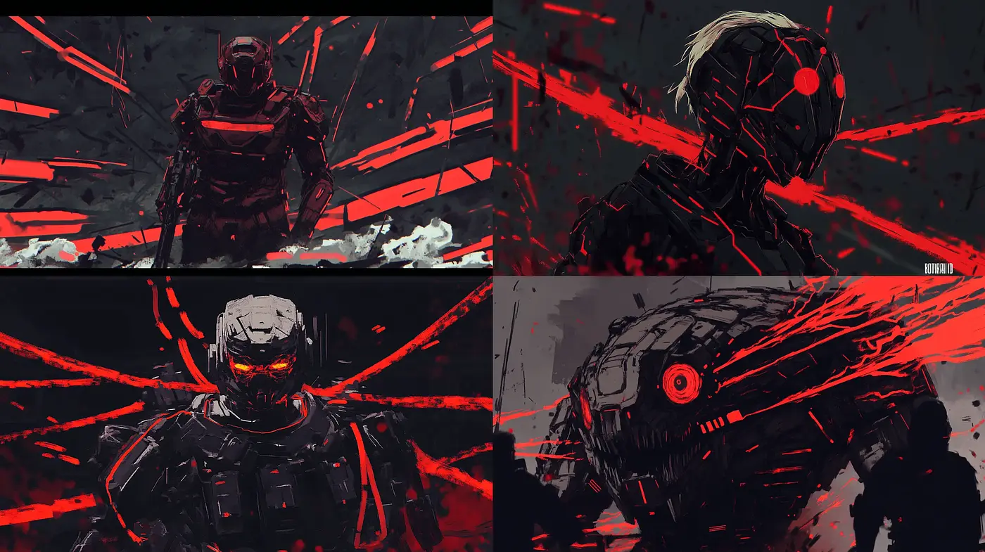 Cybernetic Noir: Stylized Futurism with a Dark Palette and Dynamic Strokes - Midjourney sref style