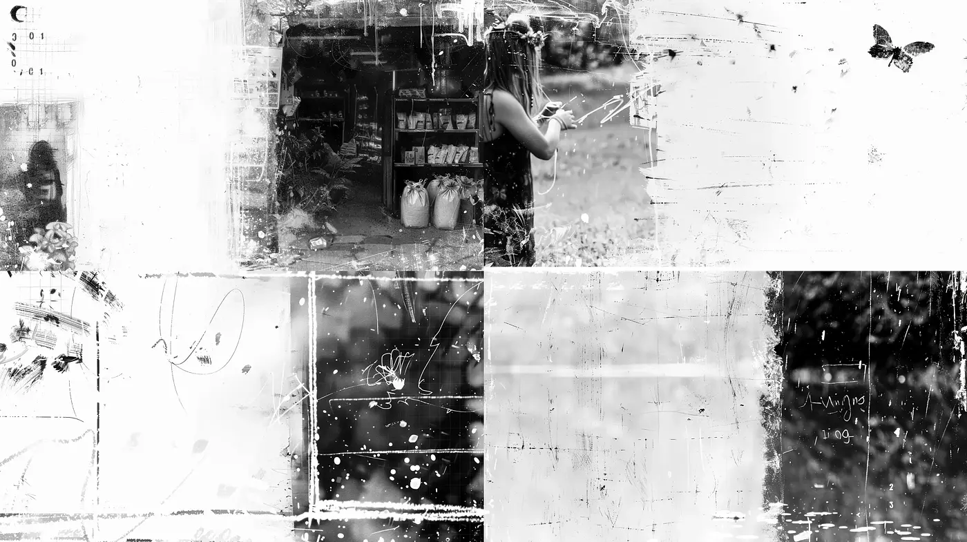 Monochromatic Echoes of Fragmented Moments - Midjourney sref style