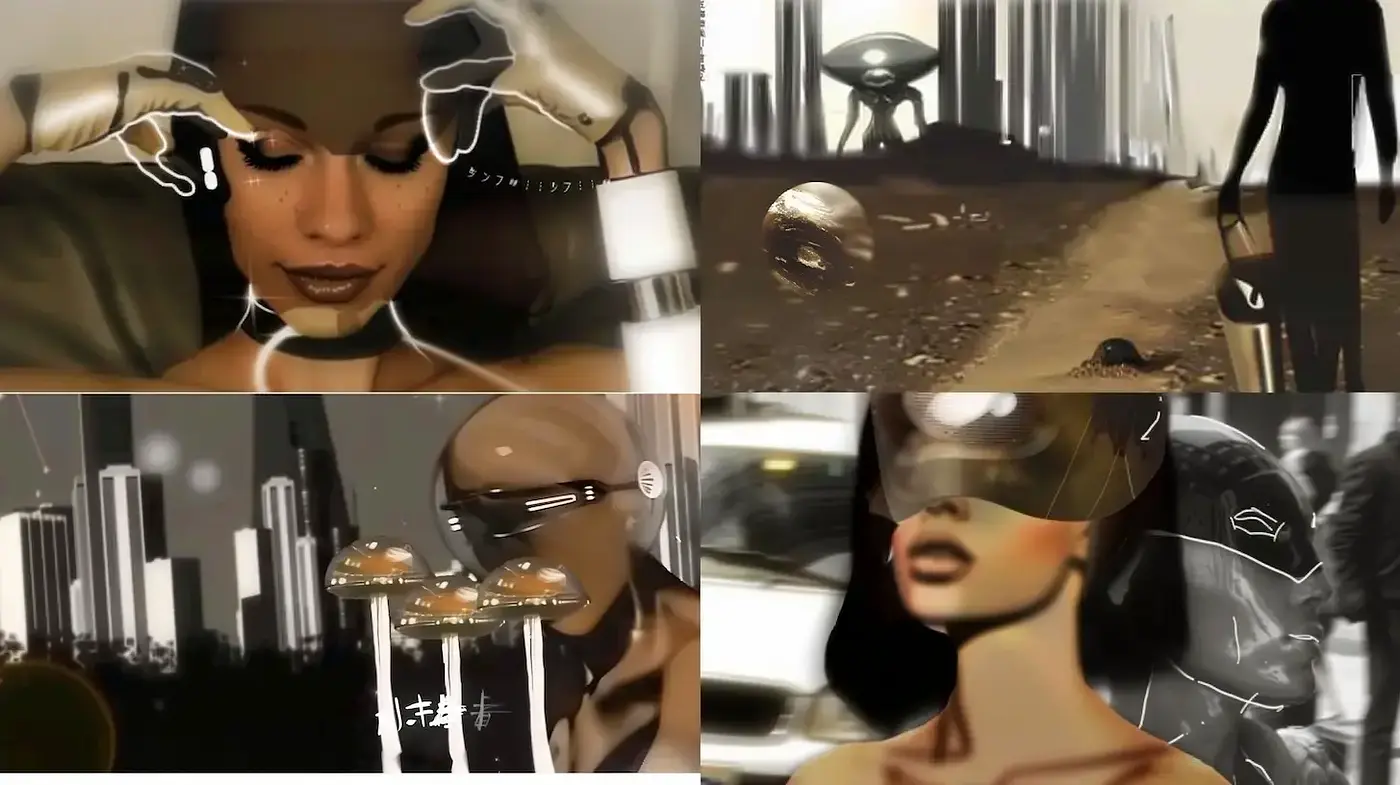 Futuristic Noir with Surreal Elements and a Retro Vibe - Midjourney sref style