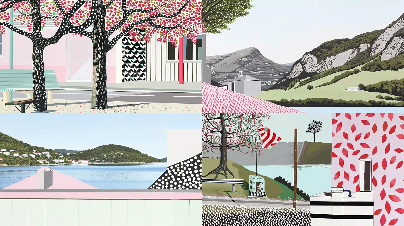 Contemporary Geometric Scenic Illustrations with Signature Texture Overlay - Midjourney sref style