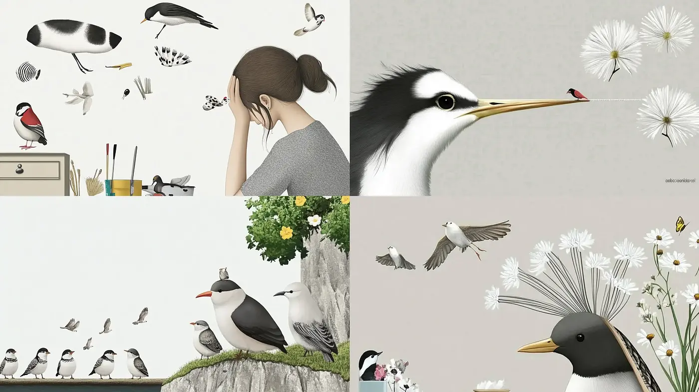 Serene Avian-Themed Illustrative Fusion - Midjourney sref style
