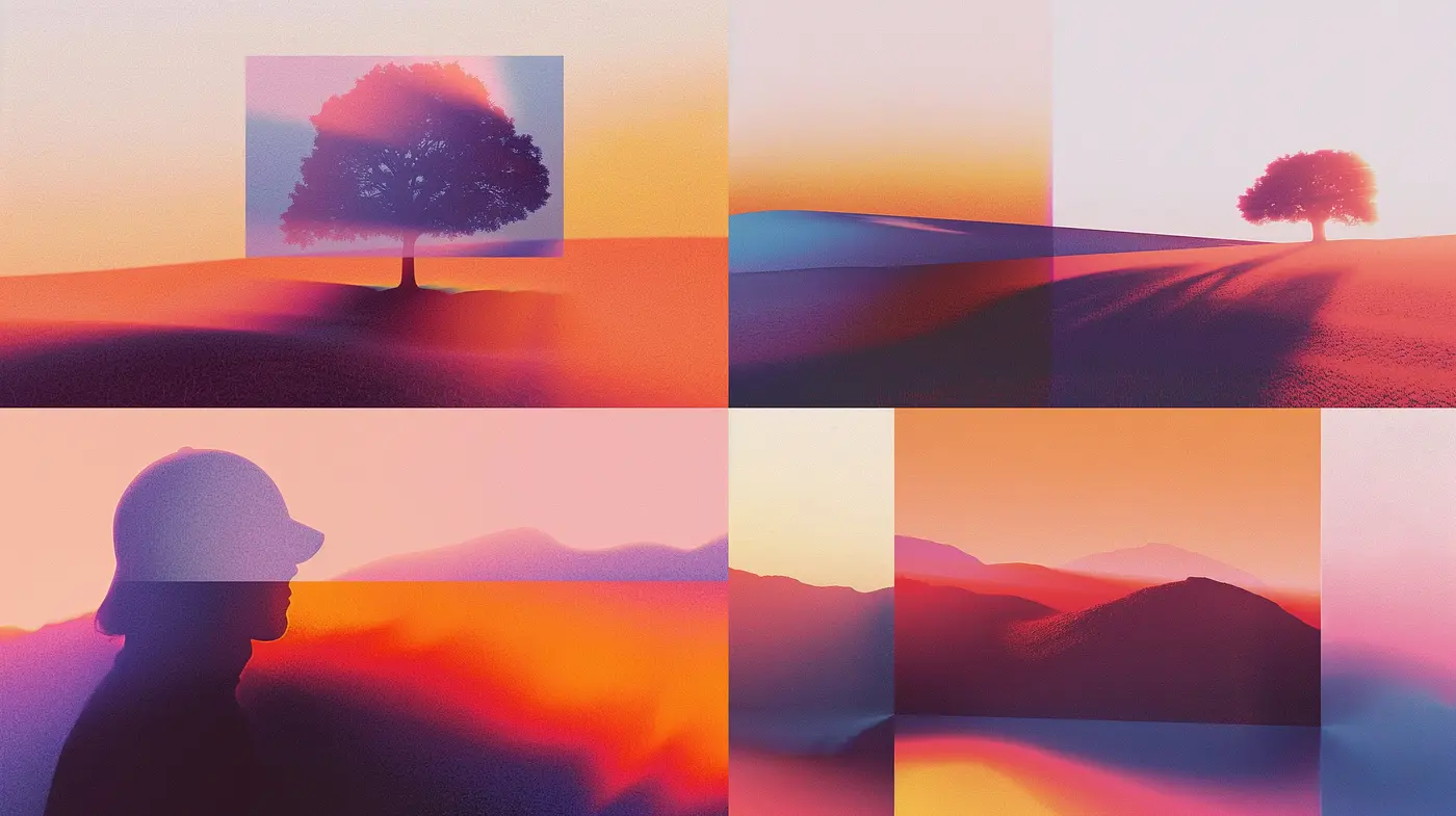 Sunset Hues and Silhouette Mirage: A Study of Color Transitions and Contemplative Moods in Stylized Landscapes - Midjourney sref style