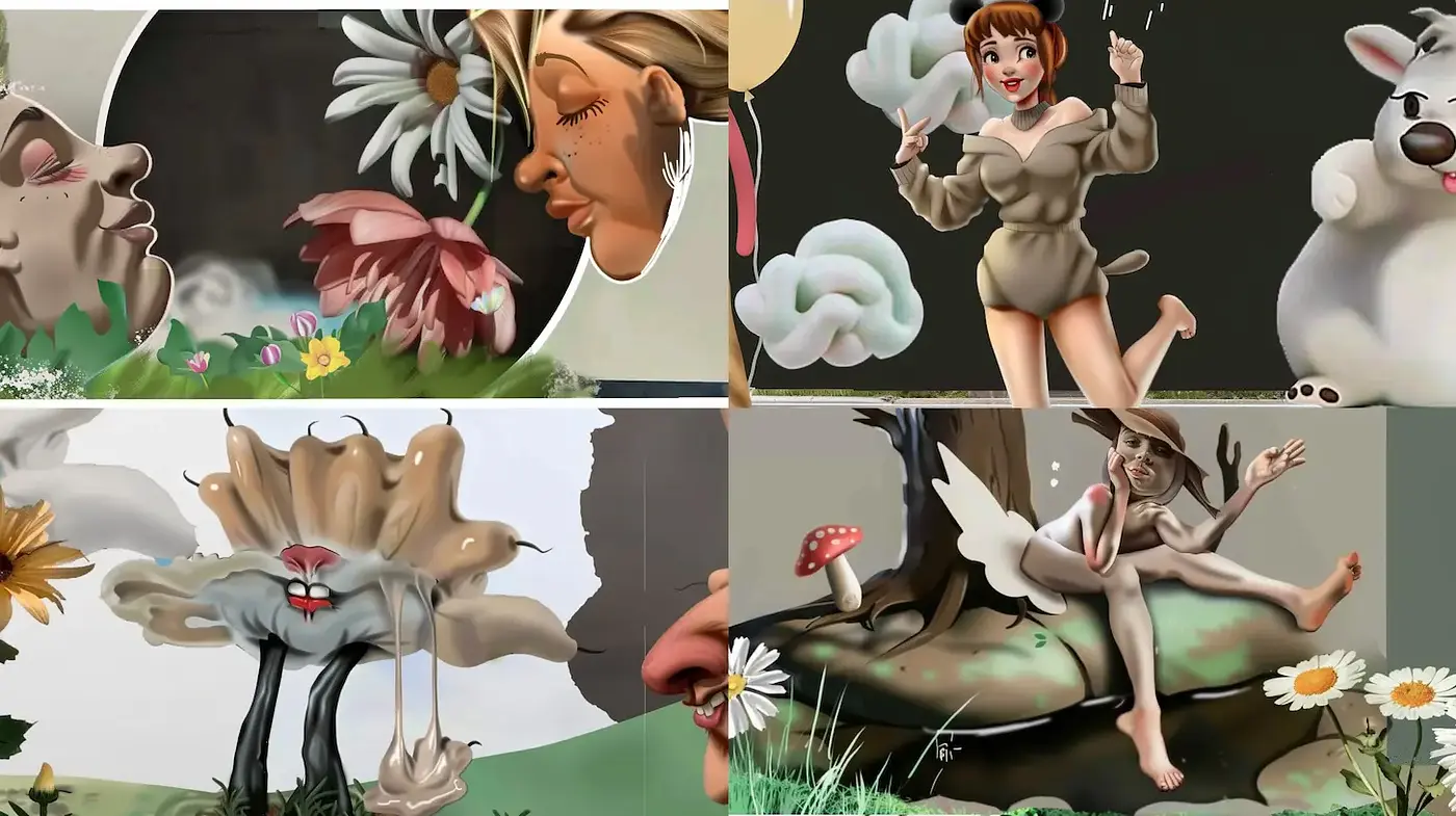 Whimsical and Playful Character Design in a Surreal Landscape - Midjourney sref style