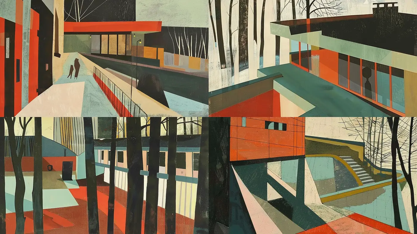 Geometric Architectural Harmony with Retro Futuristic Overtones - Midjourney sref style