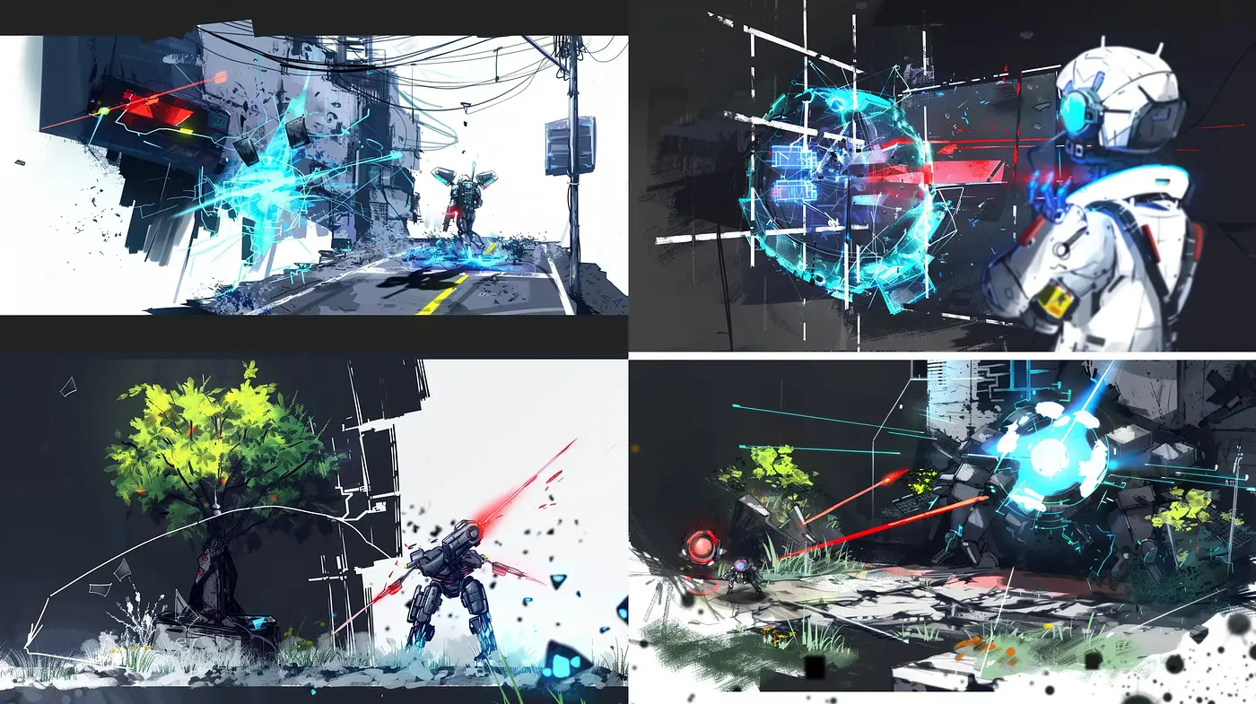 Dynamic Sci-Fi Brushstroke Fusion with Neon Accents - Midjourney sref style