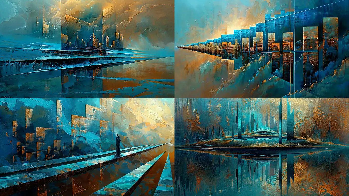 Futuristic Reflections in Turquoise: Abstract Urban Dreamscapes - Midjourney sref style