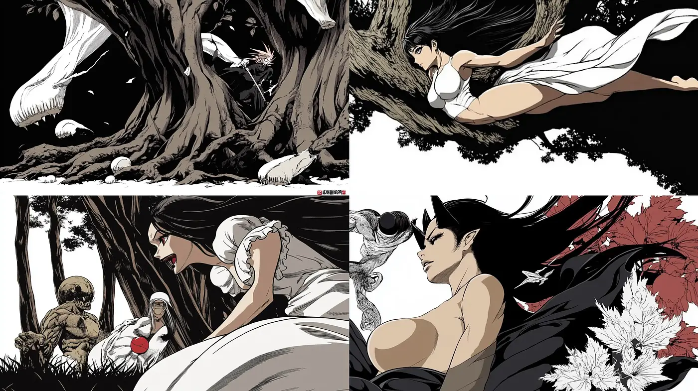 Monochromatic Elegance with a Hint of Red in Manga-Inspired High Contrast - Midjourney sref style