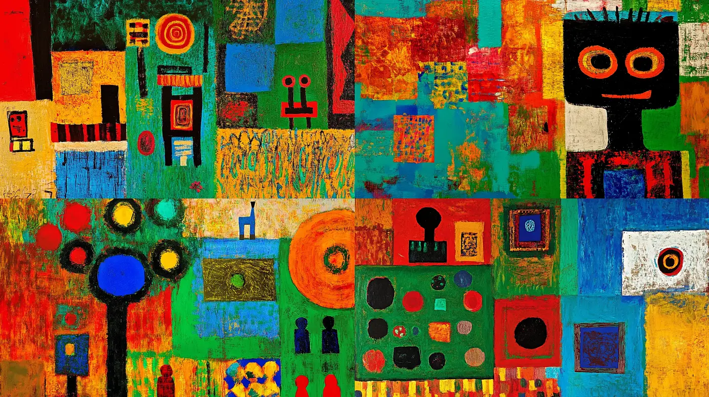 Eclectic Mosaic of Vivid Textures and Abstract Forms - Midjourney sref style