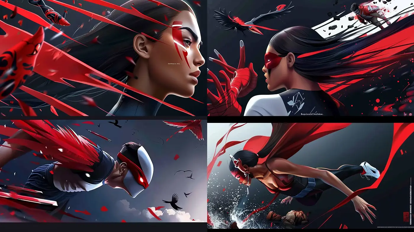 Dynamic Crimson Motion: A Fusion of Anime and Hyperrealism in Digital Art - Midjourney sref style